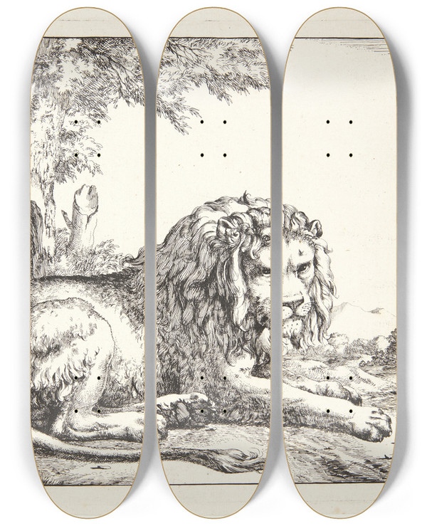 Triptych art skateboard deck of Marcus De Bye Liggende Lve Vendt Mod Hjre by Marcus de Bye (1638-1688)