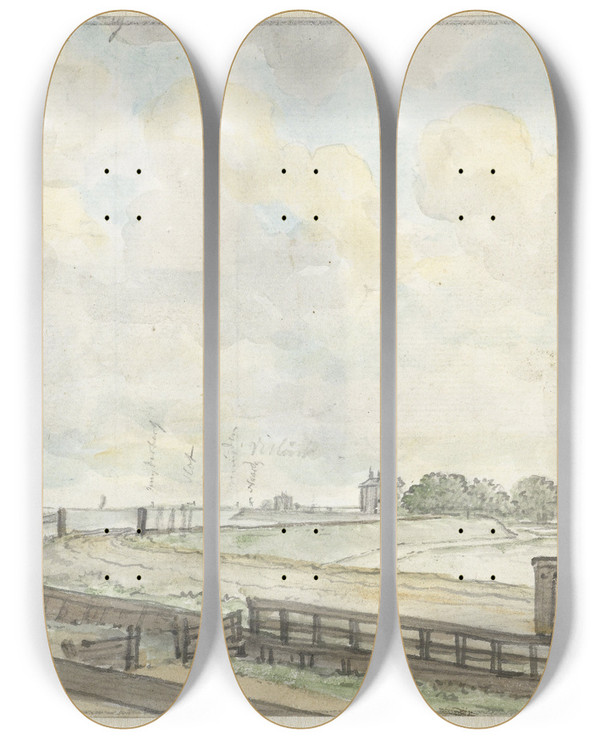 Triptych art skateboard deck of Jurriaan Andriessen Dijkgezicht Buiten Amsterdam by Jurriaan Andriessen (1742-1819)