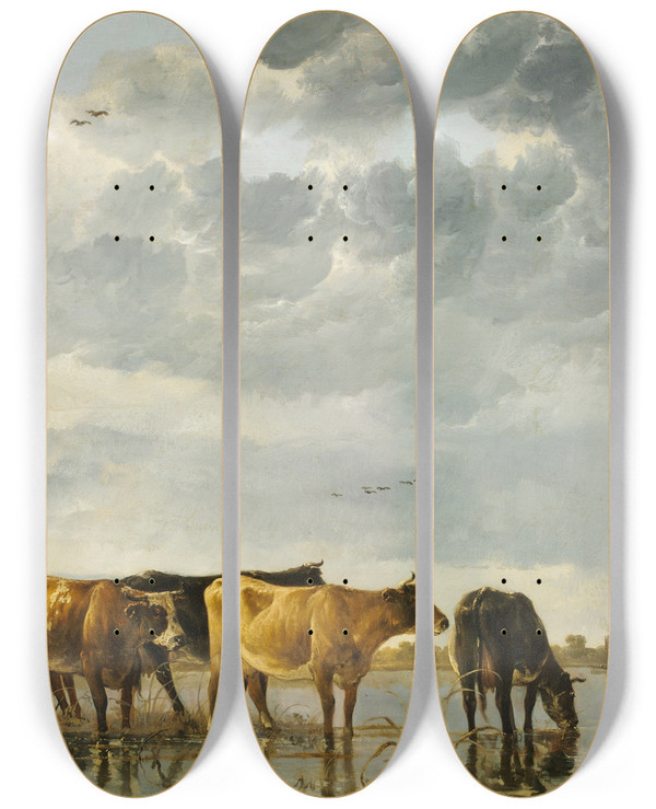 Triptych art skateboard deck of Aelbert Cuyp Cows In A River by Aelbert Cuyp (1620-1691)