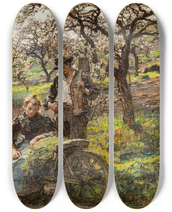 Triptych art skateboard deck of Lon Augustin Lhermitte Idylle by Lon Augustin Lhermitte (1844-1925)