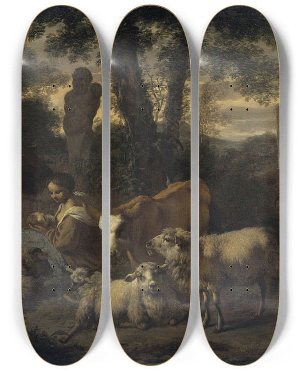 Triptych art skateboard deck of Simon Van Der Does Italian Landscape With Shepherdess And Flocks_1 by Simon van der Does (1653-1717)
