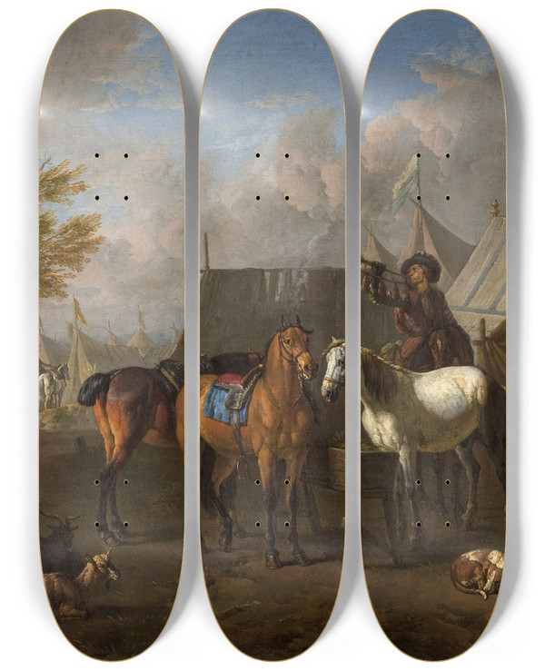 Triptych art skateboard deck of Pieter Van Bloemen Camp Scene With A Trumpeter by Pieter Van Bloemen (1657-1720)