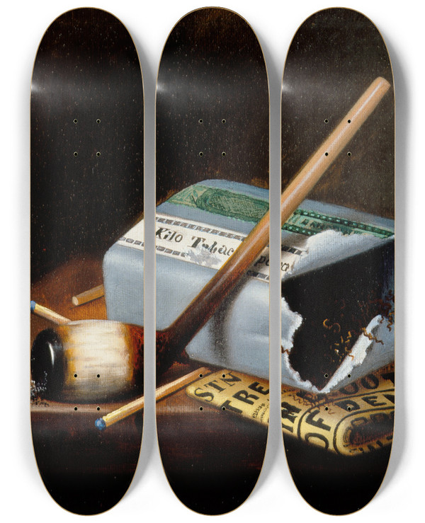 Triptych art skateboard deck of William Michael Harnett Alas Poor Yorick by William Michael Harnett (1848-1892)