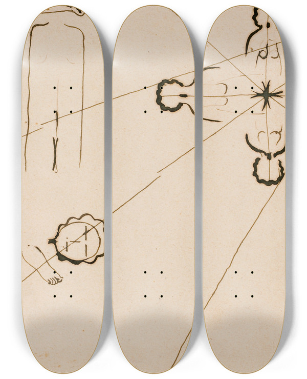 Triptych art skateboard deck of Otto Meyeramden Tagebuchblatt_1 by Otto Meyer-Amden (1885-1933)