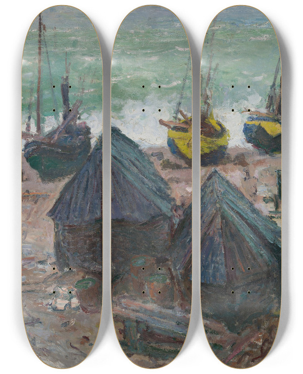 Triptych art skateboard deck of Claude Monet Boats On The Beach At Tretat by Claude Monet (1840-1926)