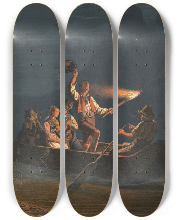 Triptych art skateboard deck of Carl Friedrich Moritz Mller Nchtliche Berfahrt by Carl Friedrich Moritz Mller (1807-1865)