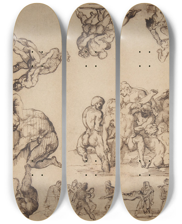 Triptych art skateboard deck of Thodore Gricault The Rescue Of A Drowned Man by Theodore Gericault (1791-1824)