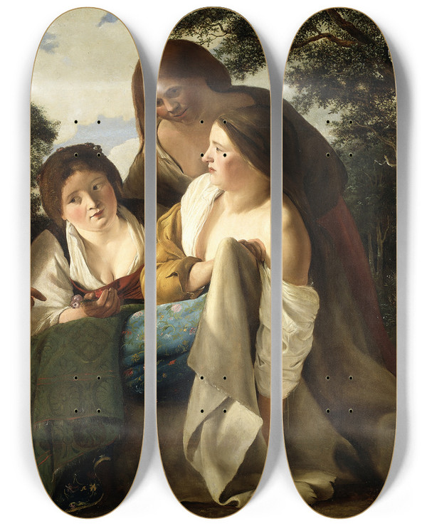 Triptych art skateboard deck of Paulus Bor The Flower Vendor by Paulus Bor (1601-1669)