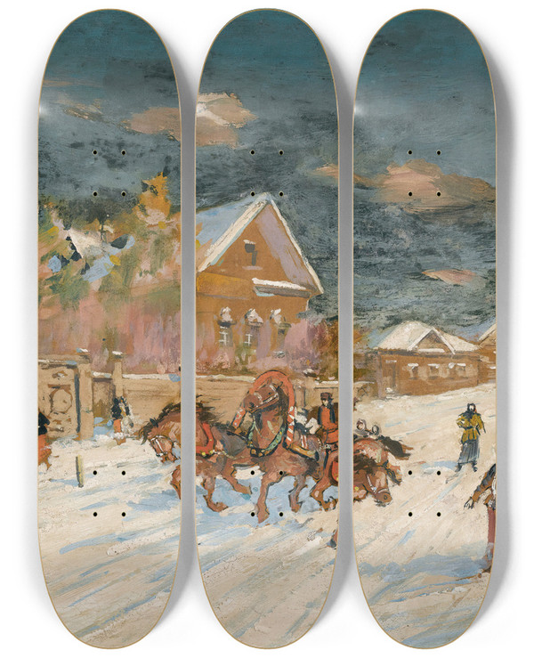 Triptych art skateboard deck of Konstantin Alexeevich Korovin Winter Landscape_2 by Konstantin Alexeevich Korovin (1861-1939)