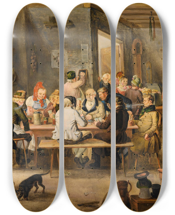 Triptych art skateboard deck of Johannbaptist Pflug Tavern Scene by Johann-Baptist Pflug (1785-1866)