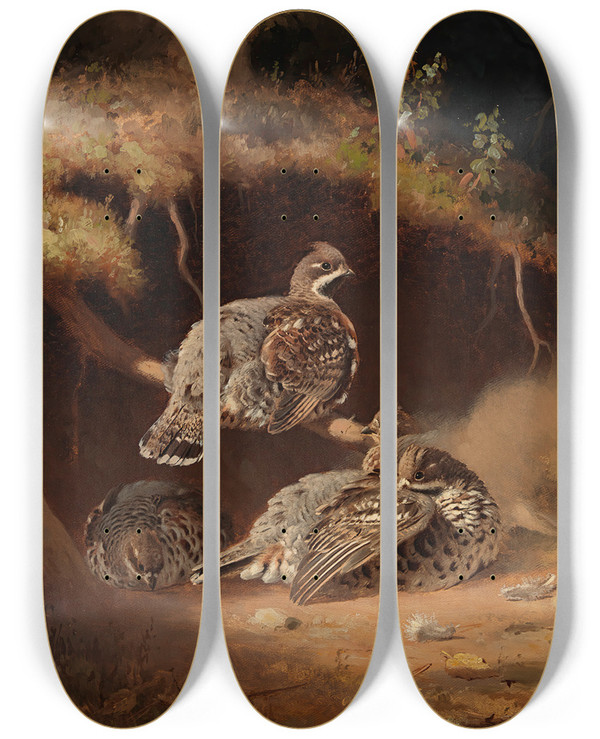 Triptych art skateboard deck of Ferdinand Von Wright Hazel Grouse Wallowing In Sand by Ferdinand von Wright (1822-1906)