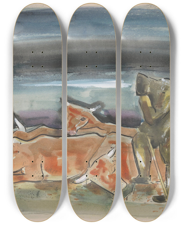 Triptych art skateboard deck of Mikul Galanda Evening In The Pasture by Mikulas Galanda (1895-1938)