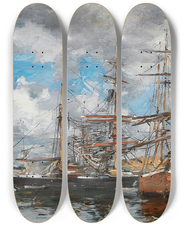 Triptych art skateboard deck of Eugne Boudin Le Bassin De Deauville by Eugene Boudin (1824-1898)