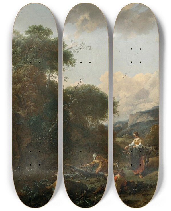 Triptych art skateboard deck of Nicolaes Pietersz Berchem A Landscape With Figures by Nicolaes Pietersz Berchem (1620-1683)