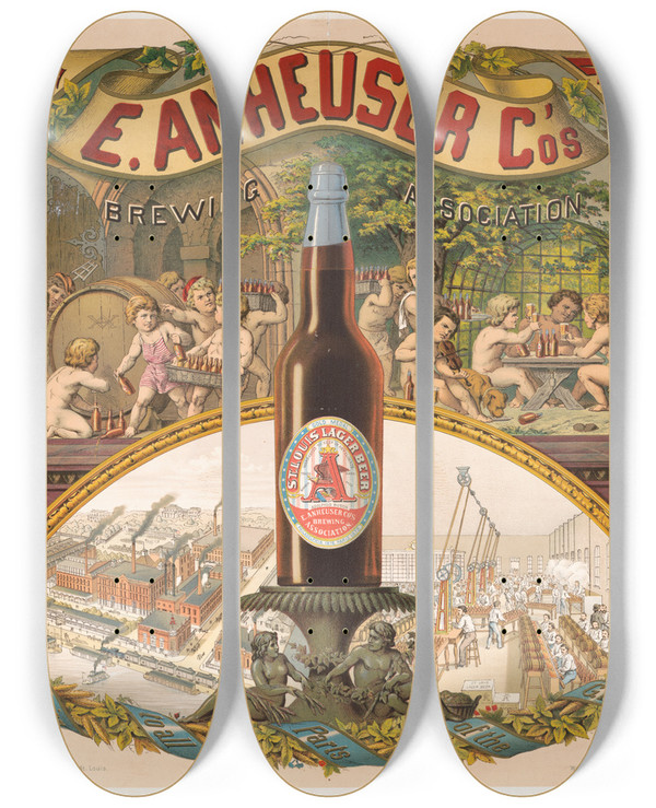 Triptych art skateboard deck of Moritz Ulffers E Anheuser Cos Brewing Association St Louis Lager Beer by Moritz Ulffers (1819-1902)