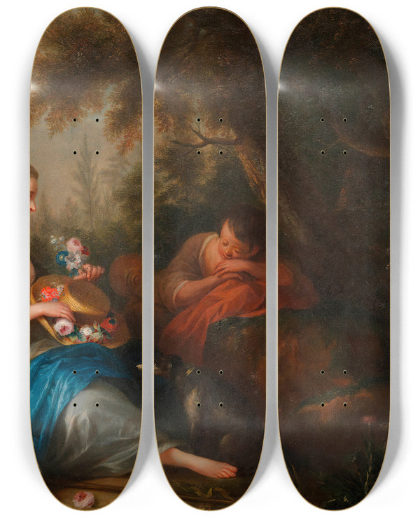 Triptych art skateboard deck of Adam Johann Braun Erotische Szene Im Garten by Adam Johann Braun (1748-1827)