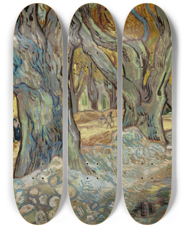 Triptych art skateboard deck of Vincent Van Gogh The Large Plane Trees Road Menders At Saintrmy by Vincent van Gogh (1853-1890)