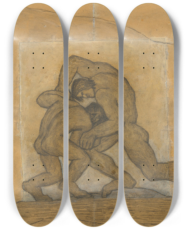 Triptych art skateboard deck of Kristjan Raud Kalevipoeg Ja Vanapagan by Kristjan Raud (1865-1943)