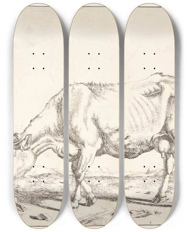 Triptych art skateboard deck of Marcus De Bye Grssende Ko by Marcus de Bye (1638-1688)