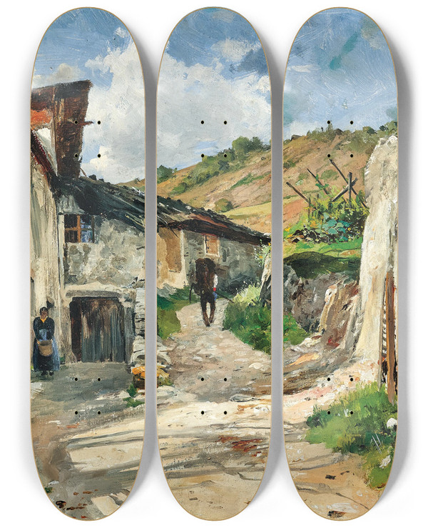 Triptych art skateboard deck of Eduard Zetsche Wachau Region A Path To A Vineyard Near A Village by Eduard Zetsche (1844-1927)