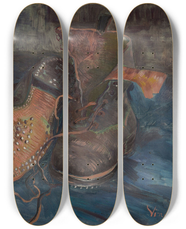 Triptych art skateboard deck of Vincent Van Gogh A Pair Of Boots by Vincent van Gogh (1853-1890)