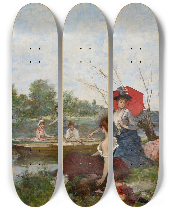 Triptych art skateboard deck of Francesc Miralles I Galaup Boating by Francesc Miralles I Galaup (1848-1901)