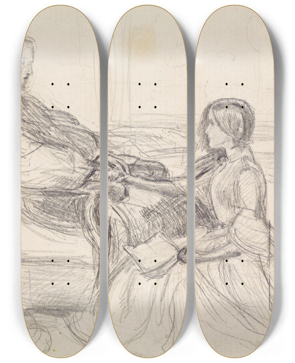 Triptych art skateboard deck of Sir John Everett Millais Tennysons The Grandmothers Apology Figure Study by Sir John Everett Millais (1829-1896)
