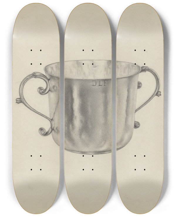 Triptych art skateboard deck of Aaron Fastovsky Silver Caudle Cup by Aaron Fastovsky