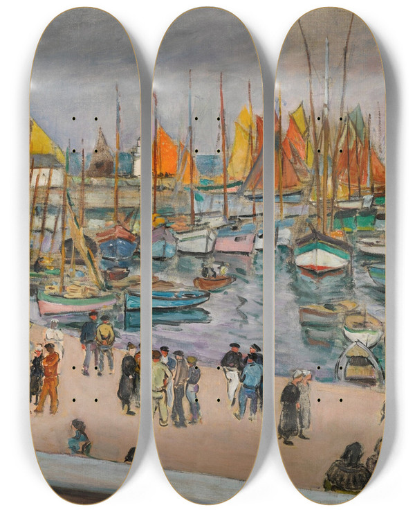 Triptych art skateboard deck of Henri Lebasque Lle Dyeu Fentre Ouverte Sur Le Port by Henri Lebasque (1865-1937)