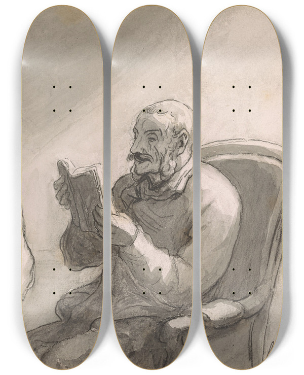 Triptych art skateboard deck of Honor Daumier Reading by Honore Daumier (1808-1879)
