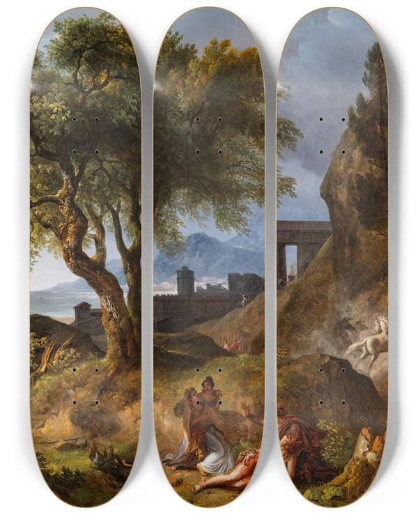 Triptych art skateboard deck of Jeancharles Joseph Rmond The Death Of Hippolytus by Jean-Charles Joseph Rmond (1795-1875)
