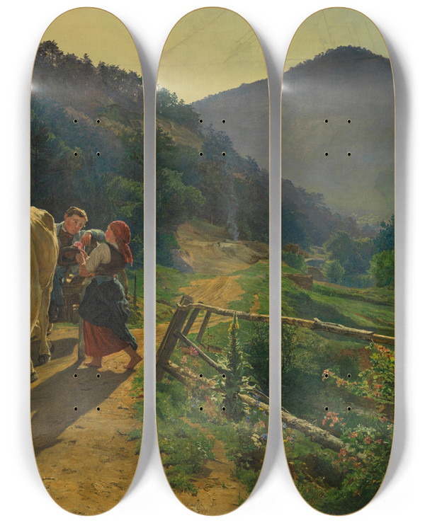 Triptych art skateboard deck of Ferdinand Georg Waldmller Die Rosenzeit by Ferdinand Georg Waldmuller (1793-1865)