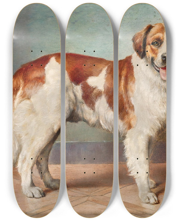 Triptych art skateboard deck of Carl Reichert A St Bernard by Carl Reichert (1836-1918)