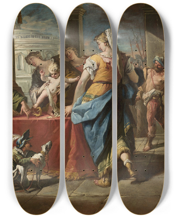 Triptych art skateboard deck of Gaspare Diziani Moses Trampling On The Pharaohs Crown by Gaspare Diziani (1689-1767)