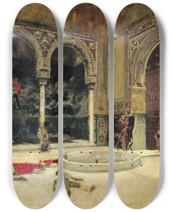Triptych art skateboard deck of Mariano Fortuny Marsal The Slaying Of The Abencerrajes by Mariano Fortuny Marsal (1838-1874)