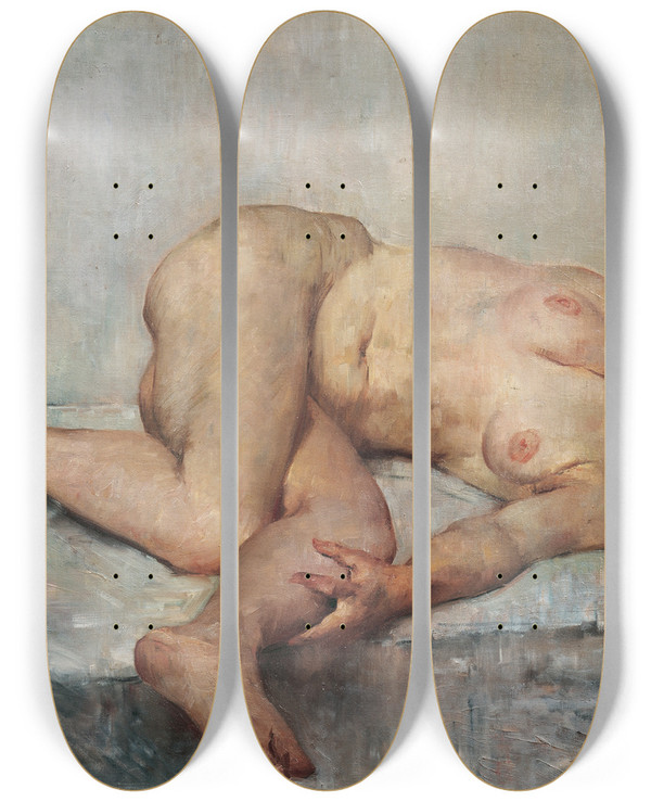 Triptych art skateboard deck of Lovis Corinth Liegender Weiblicher Akt by Lovis Corinth (1858-1925)