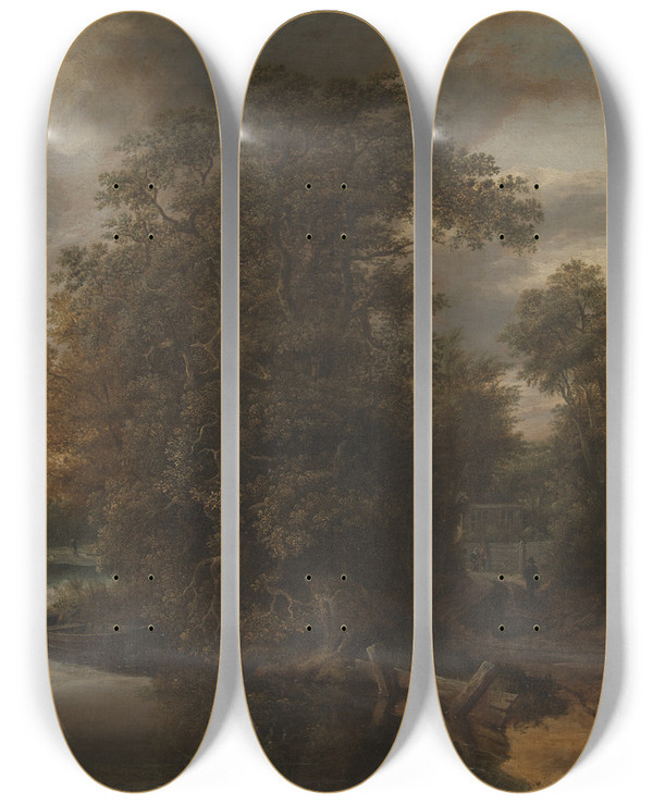 Triptych art skateboard deck of Cornelis Gerritsz Decker Landscape By A River In The Background A Limekiln by Cornelis Gerritsz Decker (1618-1678)