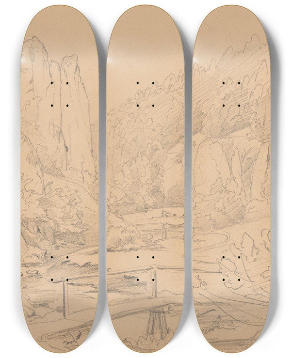 Triptych art skateboard deck of Jzef Simmler View Of The Prdnik Valley Near Ojcw by Jozef Simmler (1823-1868)