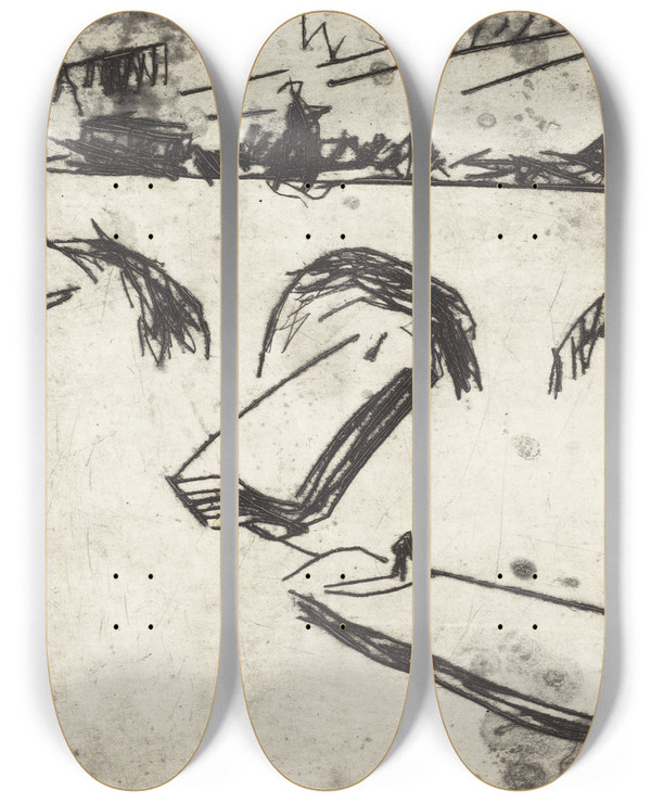 Triptych art skateboard deck of Ernst Ludwig Kirchner Bridge On Crown Prince Embankment Brucke Am Kronprinzenufer by Ernst Ludwig Kirchner (1880-1938)