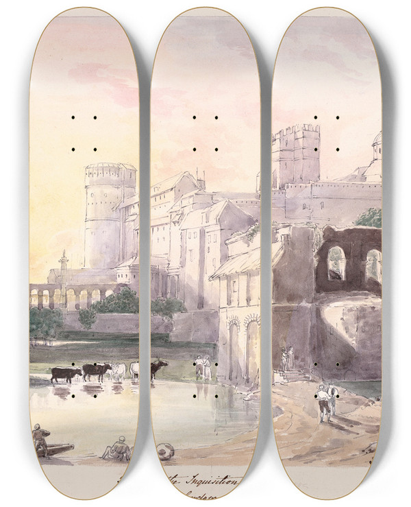 Triptych art skateboard deck of Charles Hamilton Smith Prison Of The Inquisition At Cordova by Charles Hamilton Smith (1776-1859)