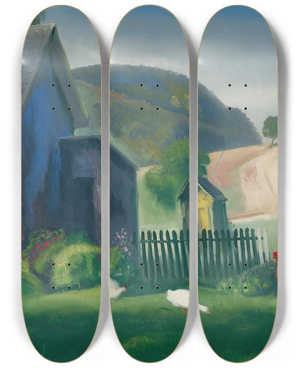 Triptych art skateboard deck of George Wesley Bellows Barnyard And Chickens by George Wesley Bellows (1882-1925)