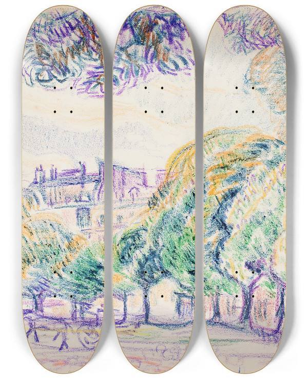 Triptych art skateboard deck of Magnus Enckell Kaupunkikuva Puistoa Ajureita by Magnus Enckell (1870-1925)