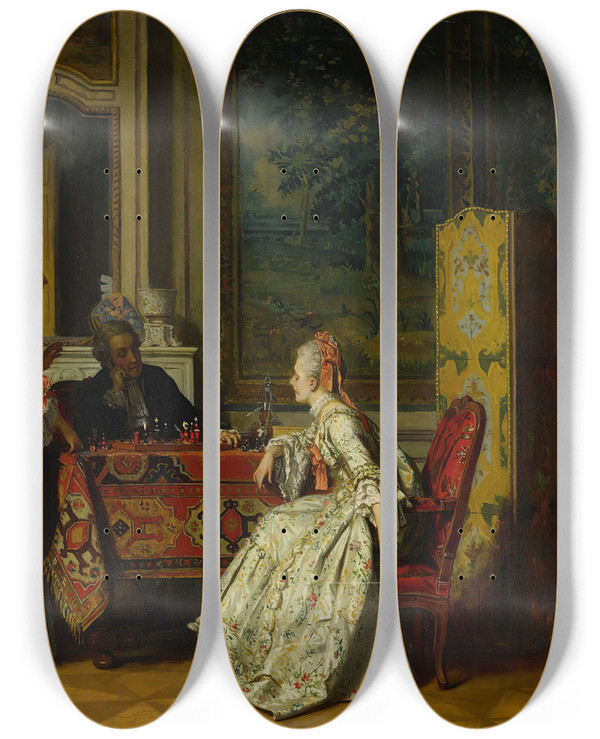 Triptych art skateboard deck of Jean Carolus The Chess Players by Jean Carolus (1814-1897)