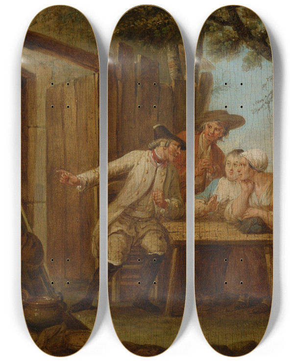 Triptych art skateboard deck of Louis Joseph Watteau The Return by Louis Joseph Watteau (1731-1798)