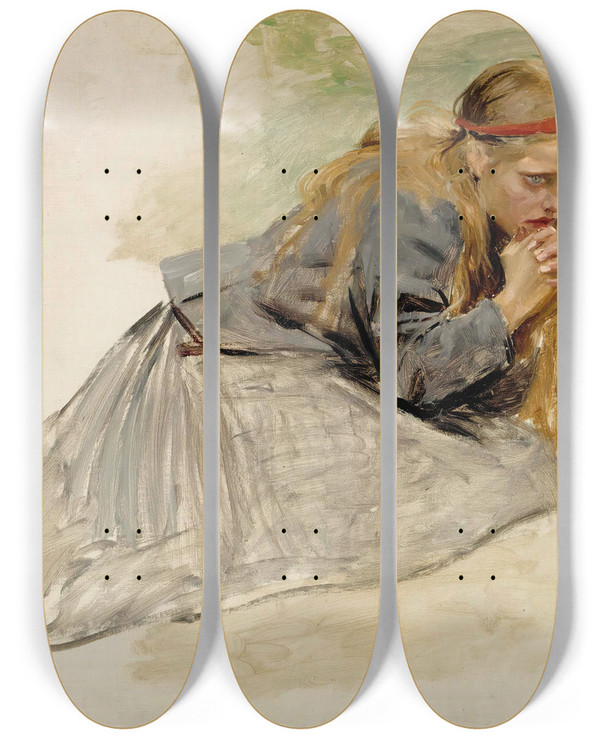 Triptych art skateboard deck of Albert Edelfelt Mary Magdalene Kneeling Study For The Christ And Mary Magdalene by Albert Edelfelt (1854-1905)