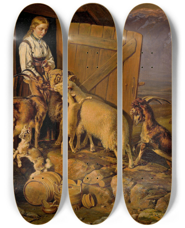 Triptych art skateboard deck of Siegwald Dahl The Animals Are Given Salt by Siegwald Dahl (1827-1902)