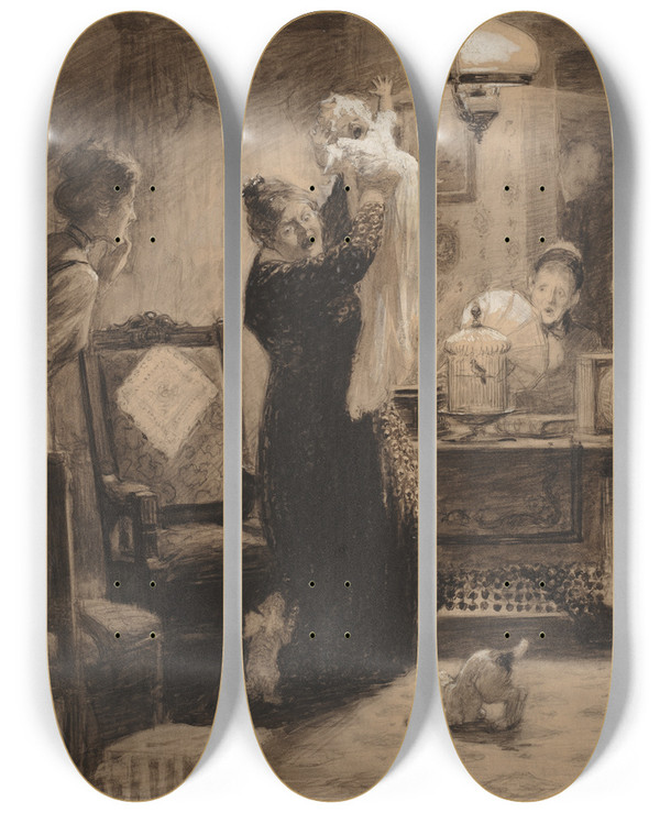 Triptych art skateboard deck of William Leroy Jacobs Sketch To Illustration The Stationary Baby by William Leroy Jacobs (1869-1917)