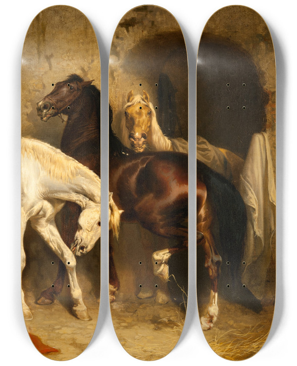 Triptych art skateboard deck of Carl Wahlbom Horses At The Stable by Carl Wahlbom (1810-1858)