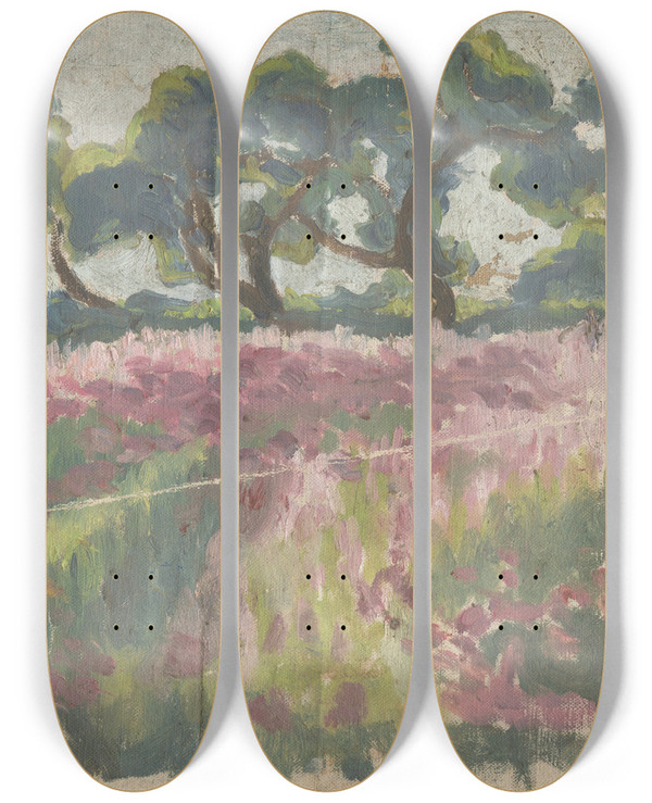 Triptych art skateboard deck of Frida Konstantin Blooming Meadow With Trees by Frida Konstantin