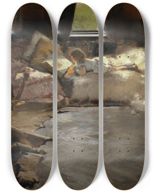 Triptych art skateboard deck of Albert Von Keller The Storybook by Albert Von Keller (1844-1920)